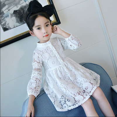 

Teen Kid Baby Girls Puff Long Sleeve Lace Tulle Hollow Out Pearl Princess Dress