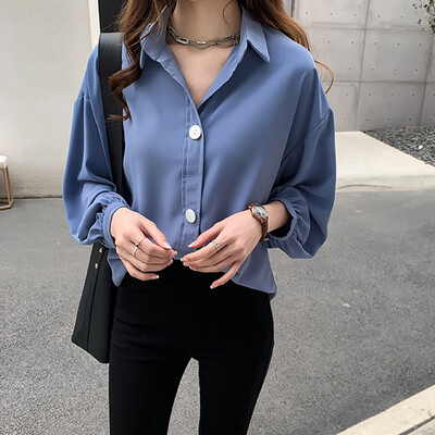 

Chiffon Turn Down Collar Blouse Women Solid Long Sleeve Loose Blouse OL Fashion blusas mujer de moda Korean Style plus size