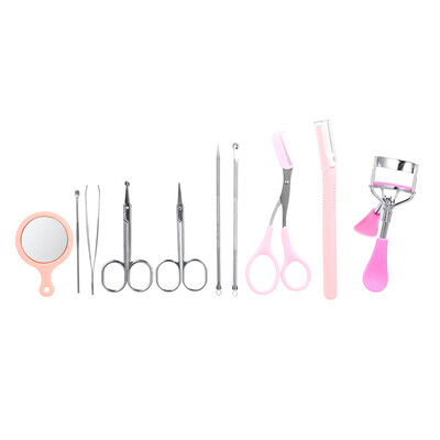 

10pcsset Eyebrow Tools Kit Tweezers Trimmer Scissors Razor Eyelash Curler Mirror Earpick Acne Pin Extractor Blackhead Ear Wax Rem