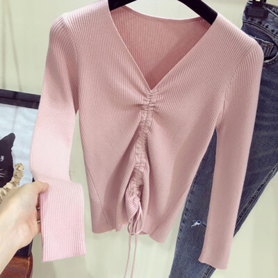 

sweater women Sexy lace up knitting pullover top Fashion autumn winter Chic pink V-neck knit slim jumper pull femme 2019 New