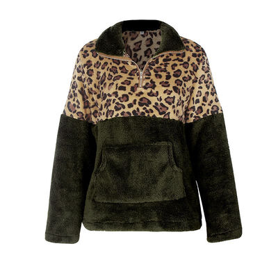

Women Coat Autumn Stylish Personality All-match Color-blocked Leopard Printed Long Sleeve Zipper Winter Coat Soft Jacket Female
