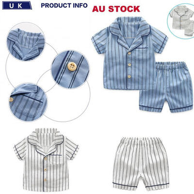 

factory wholesale - Toddler Baby Kids Stripe Short Sleeve Sleepwear Button Up Shirt&Shorts 2-3T White