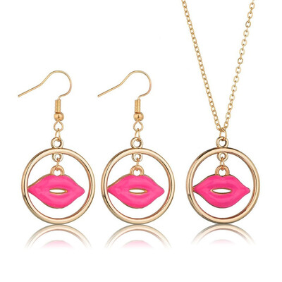 

3PCS Women Trendy Earrings&Necklace Jewelry Set Lips In Hallow Round Female Jewelry Women Gold Wedding Jewelry Sets