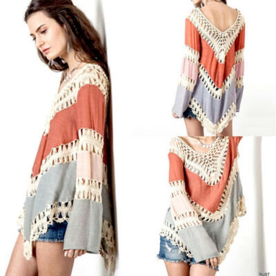 

Women Loose Fitted Lace Crochet Tops Casual Long Sleeve Splicing Hollow Knitwear