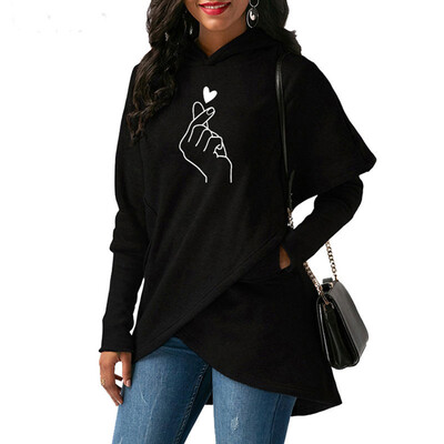 

New Women Fashion Long Sleeve Finger Heart Printed Hoodie Casual Solid Color Front Cross Irregular Hooded Sweatshirt