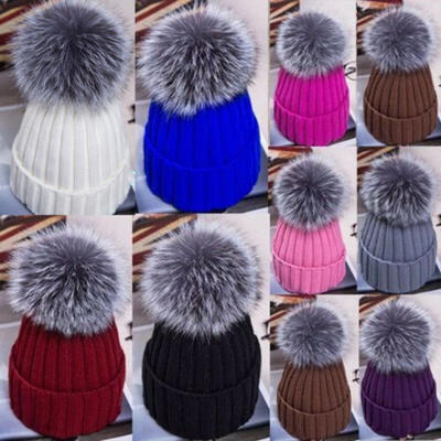 

UK Ladies Warm Winter Beanie Large Faux Fur Pom Pom Bobble Hat Knitted Ski Cap