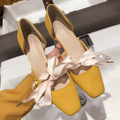 

Little Fresh Girl High-heeled Shoes Female Summer Korean Edition Square Head Butterfly Tie&Fine-heeled Sandals Chic