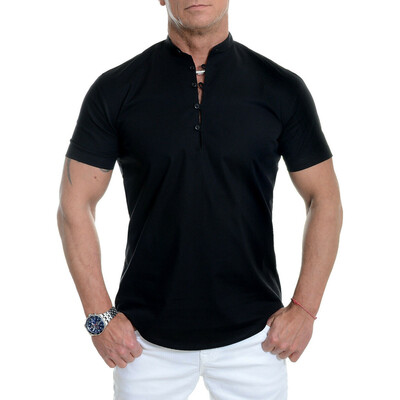 

Toponeto Mens Short Sleeve Shirt Smart Grandad Collar Loops Cotton White Black Blouse