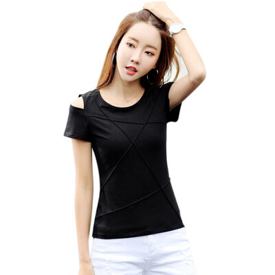 

2018 Fashion Off Shoulder Women O-Neck T-shirts Short Sleeved Hollow Out T-shirt Solid Female Cotton Tees Tops Female -2L