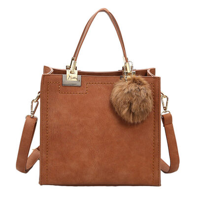 

Solid Color Pompom Pendant Handbag Women Faux Leather Crossbody Shoulder Bag