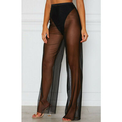 

Women Sheer Mesh Flared Trousers Holiday See Through Beach Bikini Cover Up Pants