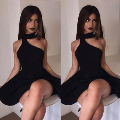 

Hot New Sexy Glamour Women Black Sleeveless Dress Mini Dress Halterneck Evening Cocktail Swing Short Dress SML