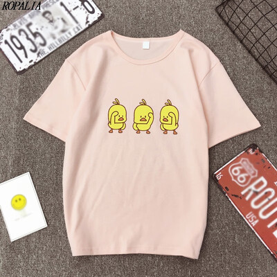 

Womens Round Neck Cartoon Yellow Ducks Print Short Sleeve T-Shirt