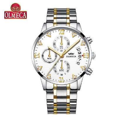 

OLMECA 0878M Men Quartz Watch Stainless Steel Band Fashion Multifunction Wristwatch 3ATM Luminous Display Chronograph Calendar Dat