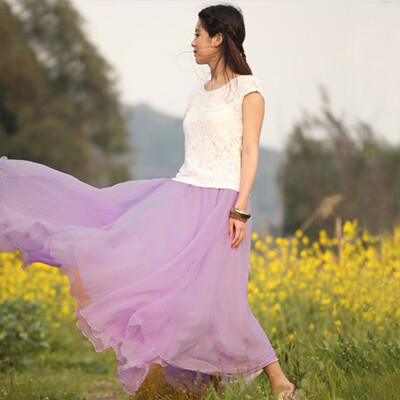 

Roseonmyhand Women Boho Maxi Solid Elastic Waist Long Skirt Evening Party Beach Dress