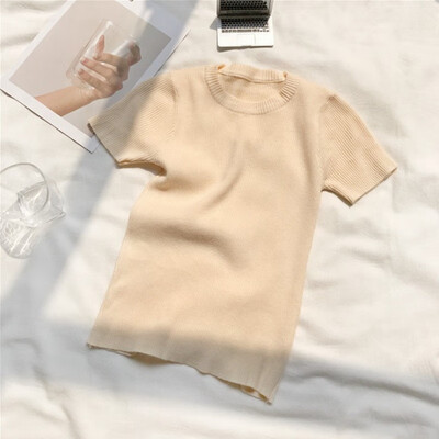 

T Shirt Women O Neck Solid Color Tshirt Summer Casual Short Sleeve Tops Korean Style Slim Knitted tee shirt femme