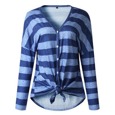 Stripes Print V Collar Women T-shirt Irregular Buttons Lace Up Long Sleeve Casual T-shirt Loose Tops