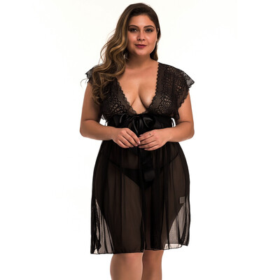 

Gobestart New Women Plus Size Contrast Lace Bow V-Neck Backless Dress Lingerie With Thong