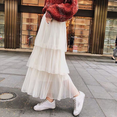 

Gobestart Fashion Womens Solid Mesh Fold A-Line Casual Cake Dress Ruffles Pleated Skirt