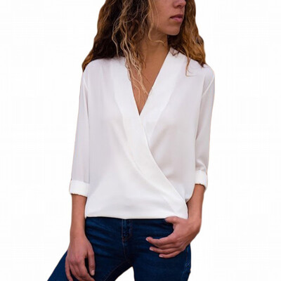 

Womens solid color V-neck long-sleeved casual simple blouse top