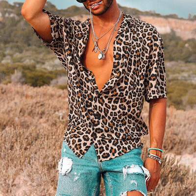

Toponeto Mens Baggy Beach Leopard Print Short Sleeve Button Retro T Shirts Tops Blouse