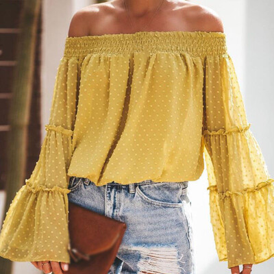 

Boho Womens Off Shoulder Chiffon T-Shirt Ladies Bell Long Sleeve Beach Blouse