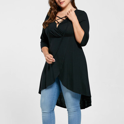 

Nomeni Fashion Women Plus Size Solid O-Neck Lace Up Three Quarter Sleeve Top Shirt