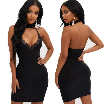 

Womens Holiday Halter Backless Deep V Neck Bodycon Mini Party Cocktail Dress