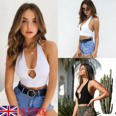 

Women Summer Vest Top T Shirt Sleeveless Backless Halter Tank Top BlackWhite