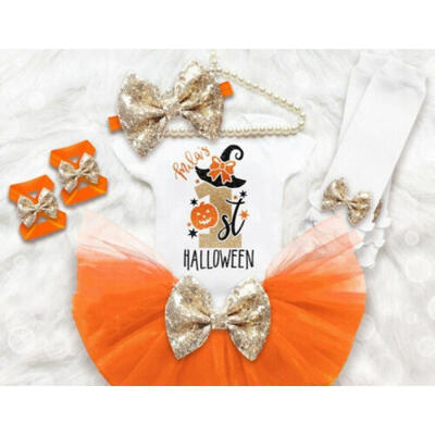 

US My 1st Halloween Newborn Baby Girl Long Sleeve RomperTulle Skirt Clothes Set