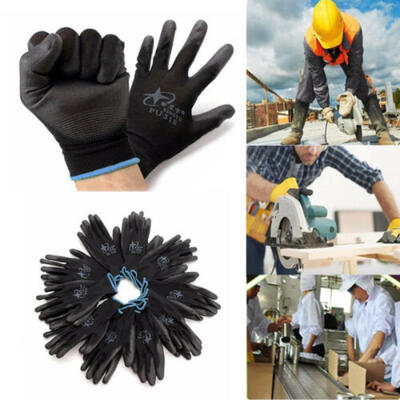 

12 Pairs Black Nylon PU Safety Work Gloves Builders Grip Palm Coating Gloves