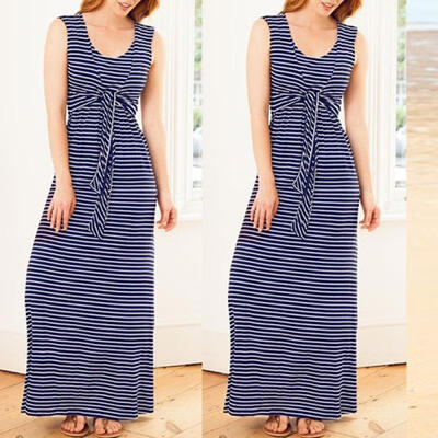 

Sleeveless Baby Clothes Breastfeeding Nursing Pregnant Women Striped Maxi Dress