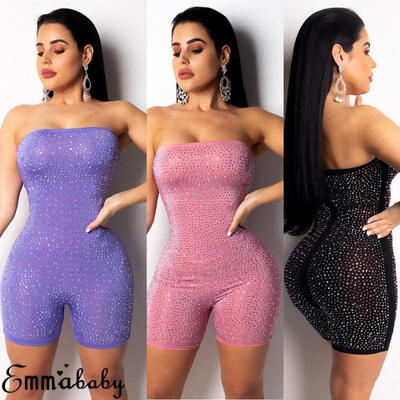 

Womens Crystal Jumpsuit Romper Bodycon Playsuit Shorts Trousers Party Clubwear
