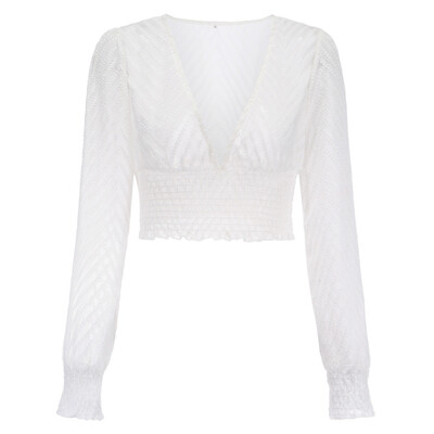 

Elegant Women Lace Blouse Shirt Sexy Deep V Neck Lantern Sleeve Blouse Casual Crop Tops Summer Hollow Out Tops Blouse Blusas