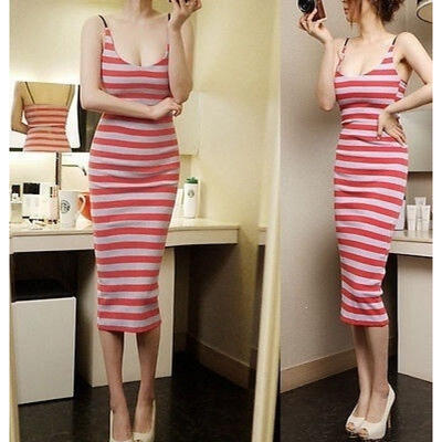 

USA Stock Sexy Women Backless Spaghetti Strap Slim Striped Cocktail Party Dress