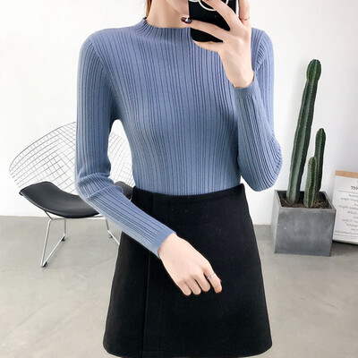 

Women Ladies Fashion Casual Autumn Winter Half-high Collar Bottoming Shirt Long-sleeved Sweater Blouse