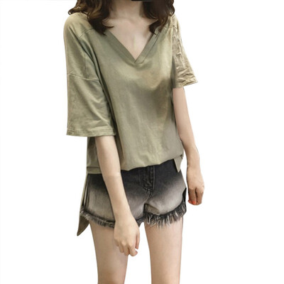 

Hot Selling Student Leisure V-nack T-shirt Summer Tops Female Short Sleeve Loose Plus Size Thin Girl Clothes