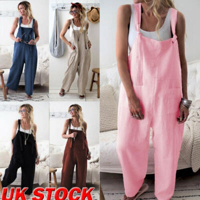 

UK Womens Summer Linen Cotton Jumpsuit Dungarees Pocket Pants Playsuit Overalls