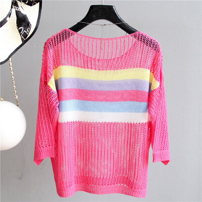 

Women Colorblock Knitted Cutout Striped Lace Bottom Round Collar Slim Solid Color Long-Sleeve Casual Tops