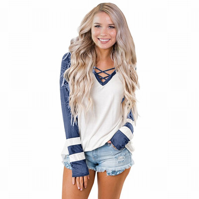 

Black white contrast color bottoming shirt womens V-neck long-sleeved shirt