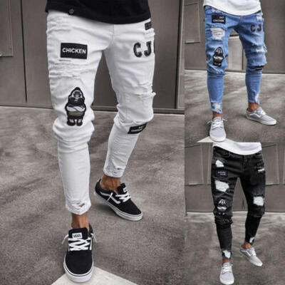 

Men Stretchy Ripped Skinny Biker Jeans Destroyed Taped Patch Slim Denim Pants
