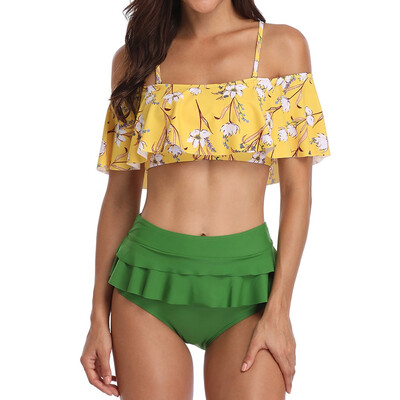 

Saidsome Women Retro Flounce Sling High Waist Print Bikini Halter Two Piece Swimsuit