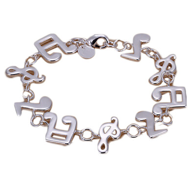 

New Women 925 Sterling Silver Plated Charm Cute Music Note Chain Bracelet Bangle