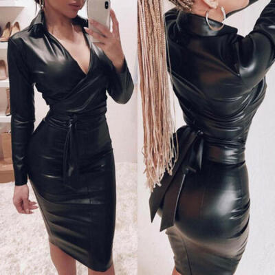 

womens PU Leather dress ladies sexy Bodycon long sleeve shirt dress -XL