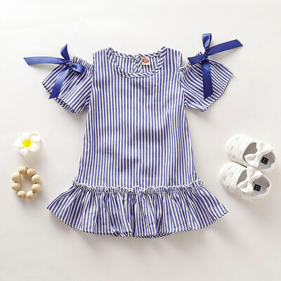 

Toddler Kid Baby Girl Off Shoulder Striped Printed Party Princess Dress Clothes