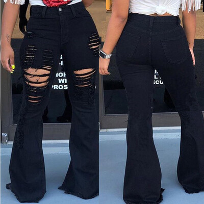 

Tailored Fashion Women Button Ripped Zipper Flares Trousers Jeans Hole Casual Denim Pants