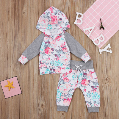 

2Pcs Flower Baby Girl Clothing Newborn Baby Girls Floral Hooded Tops Long sleeve Long Pants Spring Fall Outfits Set Clothes