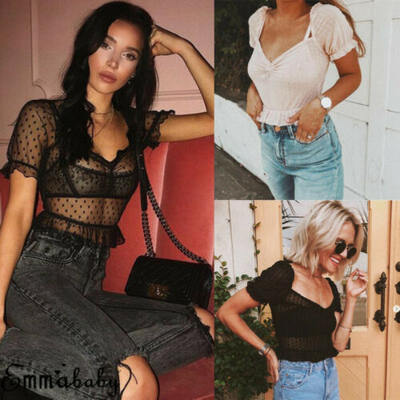 

Women Sexy Sheer Mesh See Through Crop Tops Tee Club Short Sleeve T-shirt Blouse