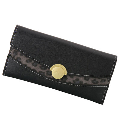 

Womens Leopard Patchwork Round Button Faux Leather Long Wallet Clutch Purse