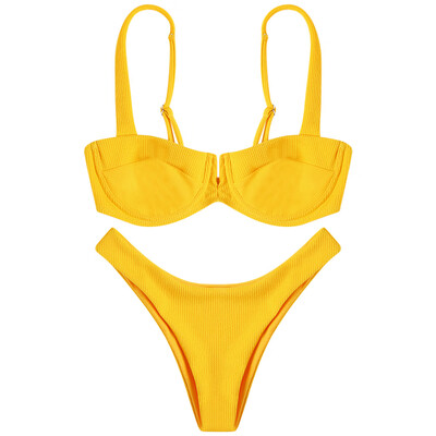 

Shoulder Strap Backless Underwire Ribbed Solid Color Low Waist Women Bikini Set